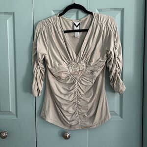 Y2K Marc Bouwer Ruched Beige Top Small Heart Sequins Whimsical Whimsigoth